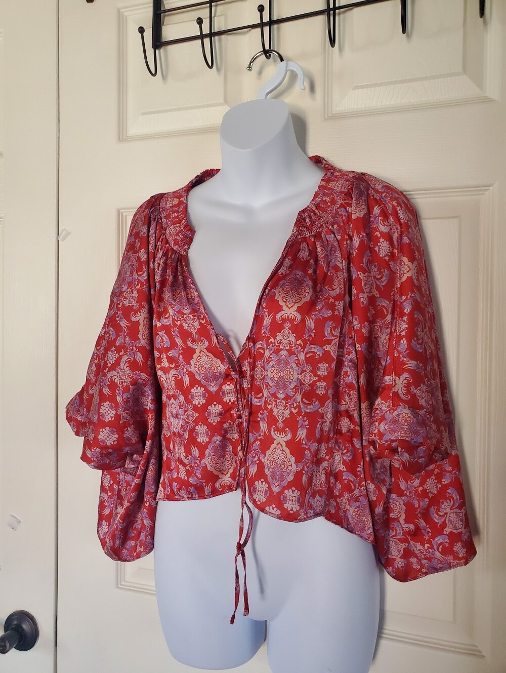 Free People Red Geometric Tie-Front Blouse Crop Oversized Dolman Satin Preppy Sm
